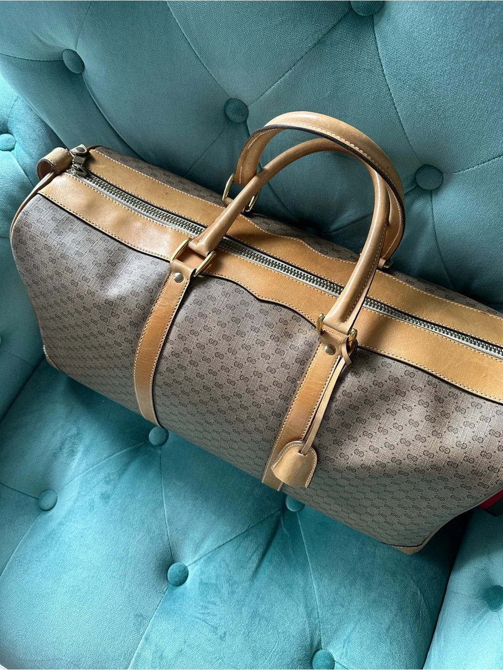 Gucci Beige Monogram Duffel with Tan Leather Trim